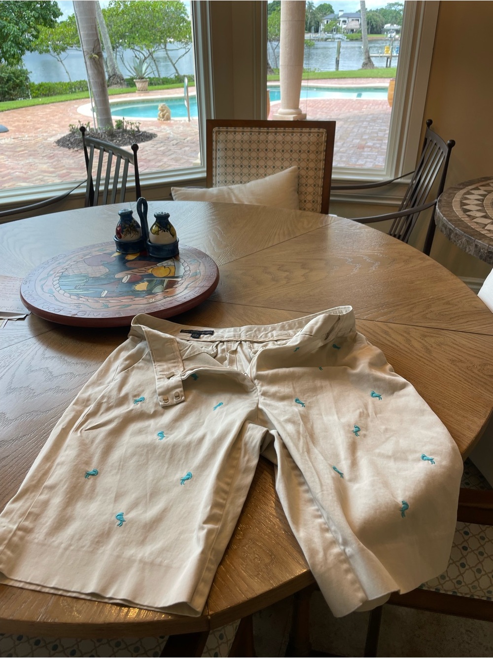 Brooks Brothers Khaki Shorts with Teal Flamingo Embroidery
